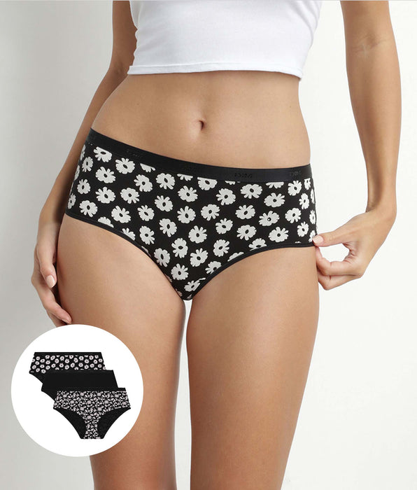 DIM Pack de 3 culottes de mujer de algodón elástico Negro Beige con flores Les Pockets