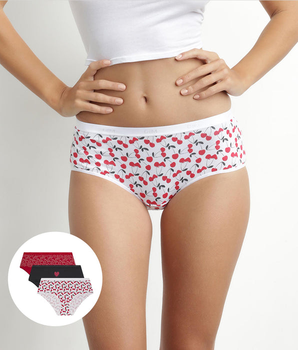 DIM Pack de 3 culottes de mujer de algodón elástico rojo con estampado de corazones Les Pockets