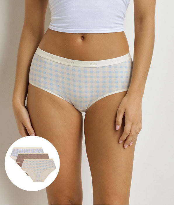DIM Pack de 3 calzoncillos mujer estampado gingham Azul Beige Les Bolsillos