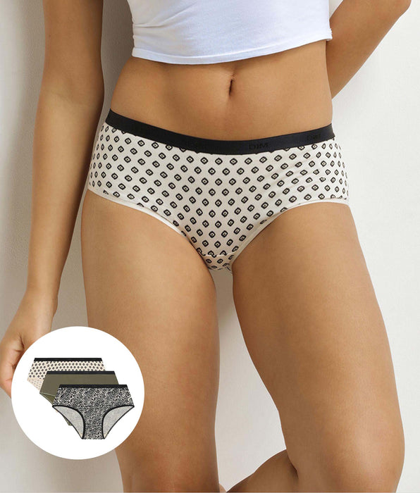 DIM Pack de 3 calzoncillos para mujer con estampado étnico, caqui, negro Les Pockets