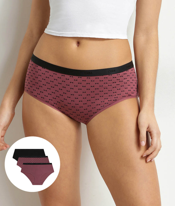 DIM Pack de 3 bóxers de mujer de algodón elástico Negro Ciruela Les Pockets