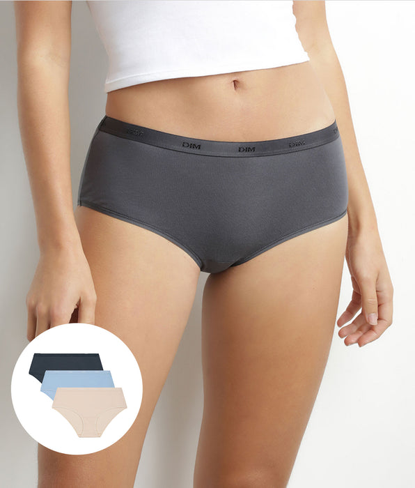 DIM Pack de 3 culottes para mujer de algodón elástico Beige Azul Gris Les Pockets Ecodim
