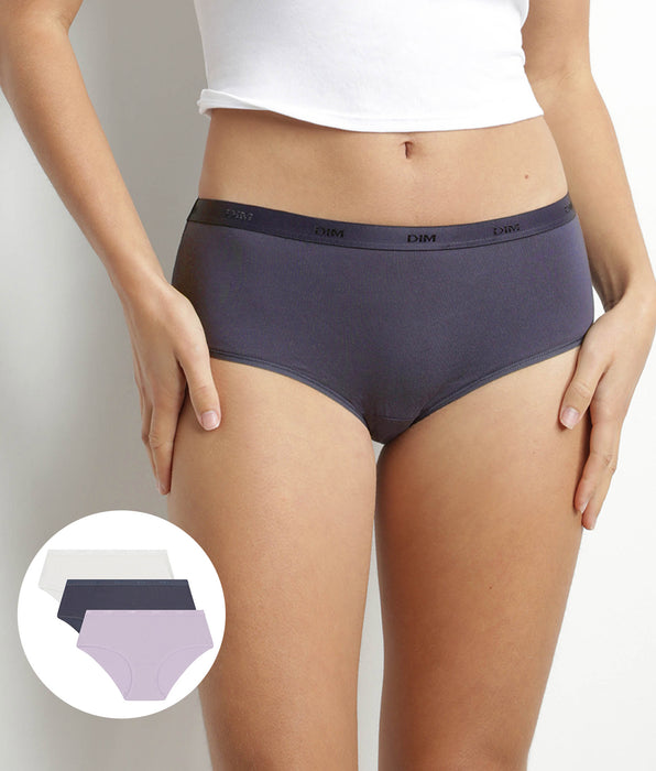 DIM Pack de 3 culottes de mujer de algodón elástico Lila Blanco Les Pockets Ecodim