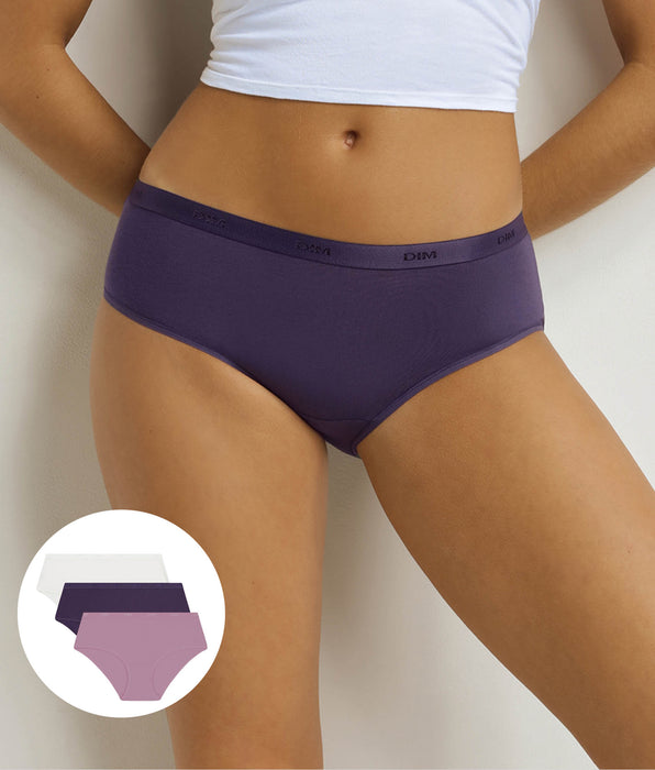 DIM Pack de 3 calzoncillos boxer de mujer Morado, Blanco Les Bolsillos Ecodim
