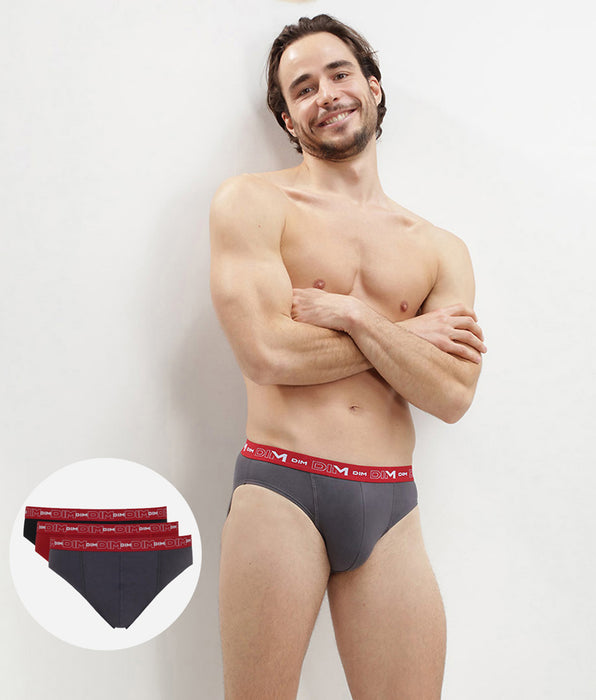 DIM Pack de 3 slips gris, rojo chile y negro Coton Stretch