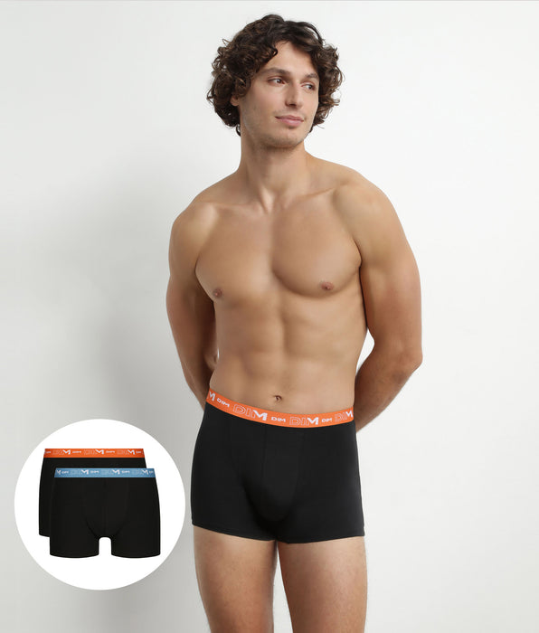 DIM Pack de 2 Boxers de hombre negros con cintura azul y naranja Algodón elástico Dim