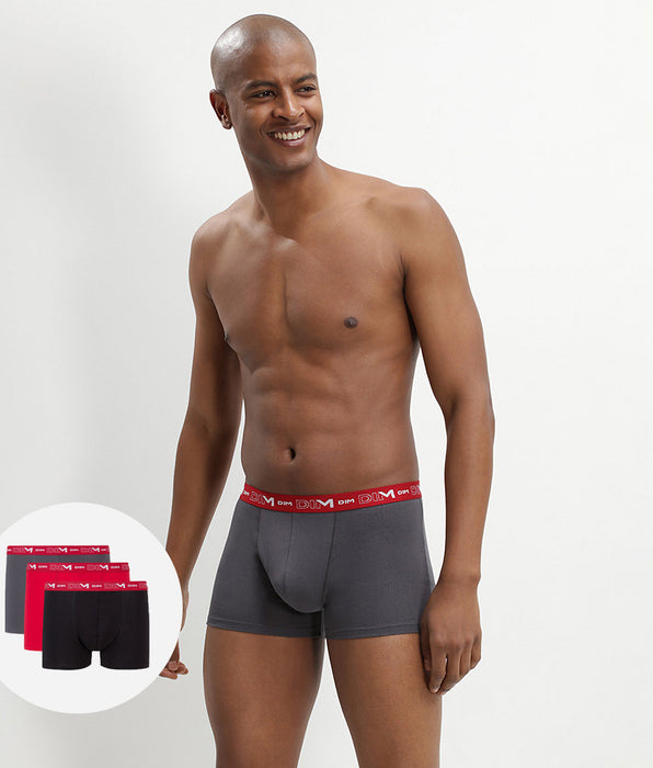 DIM Pack de 3 bóxers gris, rojo y negro de algodón elástico Coton Stretch
