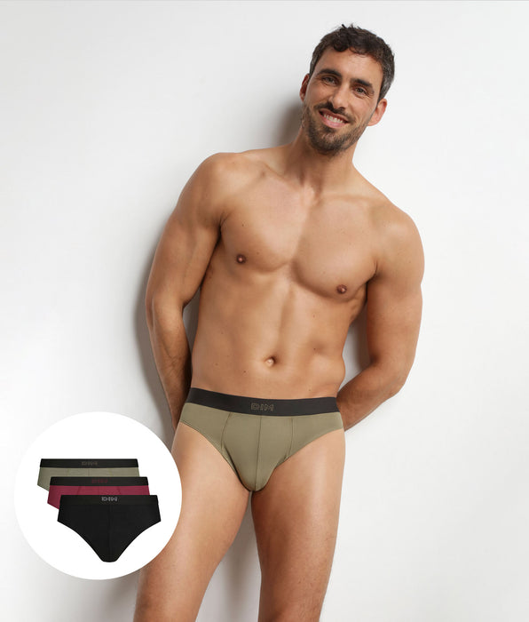 DIM Pack de 3 slips para hombre de algodón Negro Caqui Rojo Confort puro