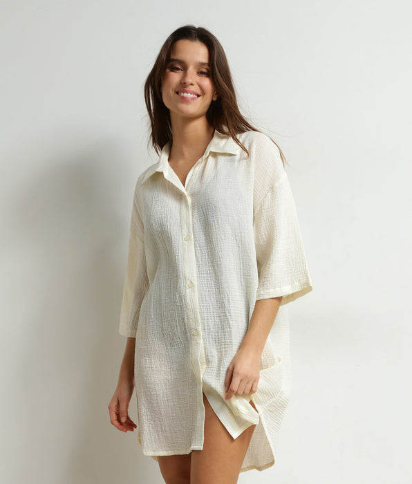 DIM Vestido de playa para mujer de gasa de algodón Blanco Crema Dim