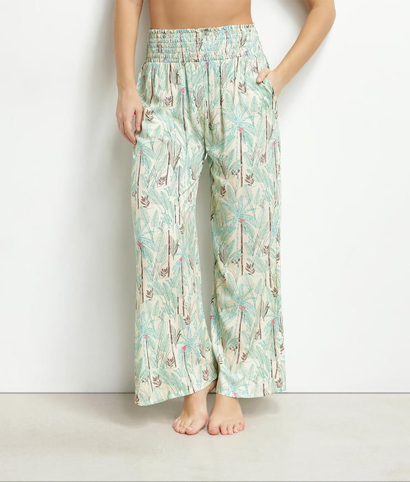 DIM Pantalones de playa anchos para mujer con estampado de palmeras Dim