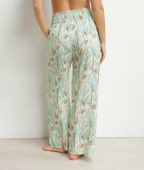 DIM Pantalones de playa anchos para mujer con estampado de palmeras Dim