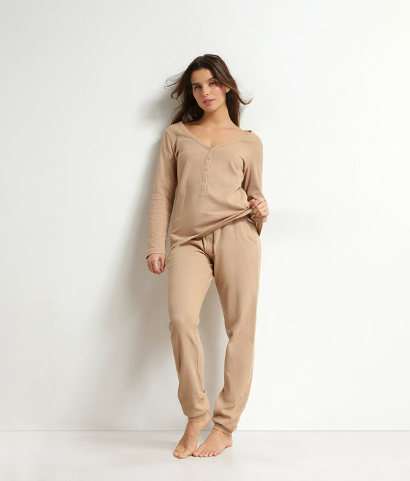 DIM Conjunto de pijama para mujer con cuello en V de jersey marrón Dim Cosy Time