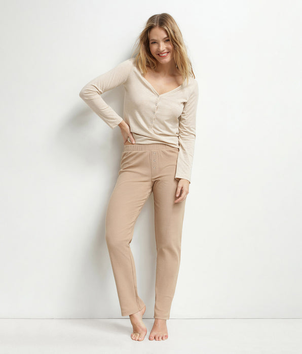 DIM Conjunto de pijama para mujer con cuello Serafino en jersey marrón Dim Cosy Time