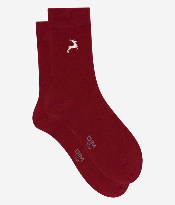 DIM Calcetines hombre media caña rojo oscuro con estampado de reno Coton Fancy