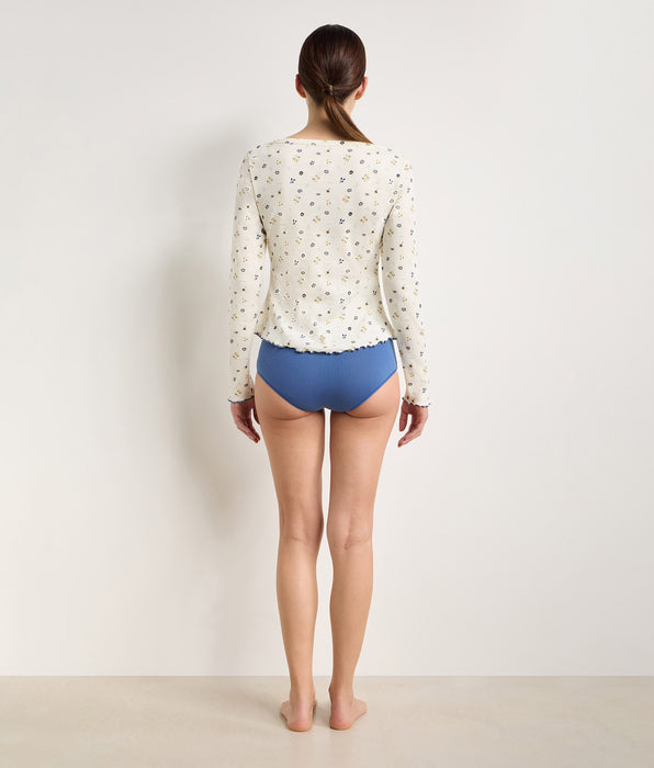 DIM Top de algodón acanalado de manga larga con cuello barco en crudo con estampado floral Slow Days Fresh Vibes
