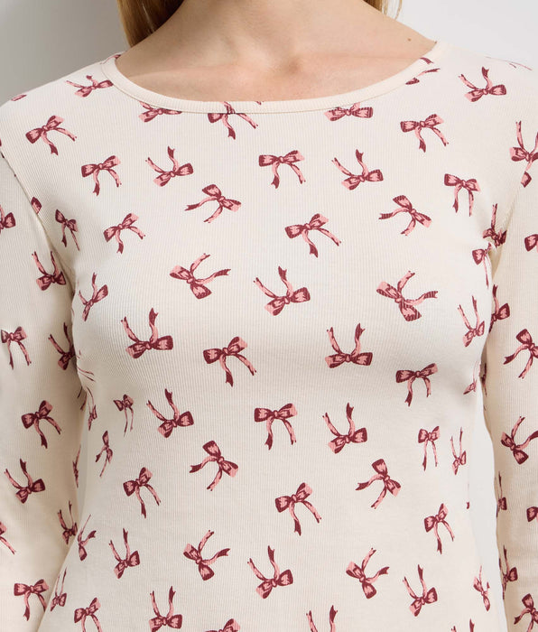 DIM Top de manga larga con cuello redondo de algodon canalé marfil nacarado Cozy Christmas