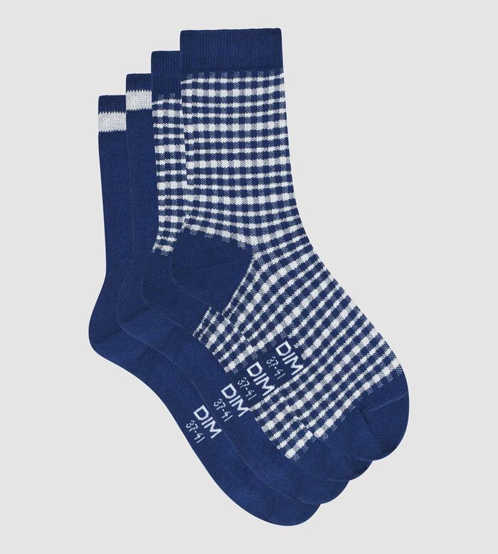 Pack de 2 pares de calcetines altos de mujer de algodón con estampado vichy Azul Dim Coton Style, , DIM