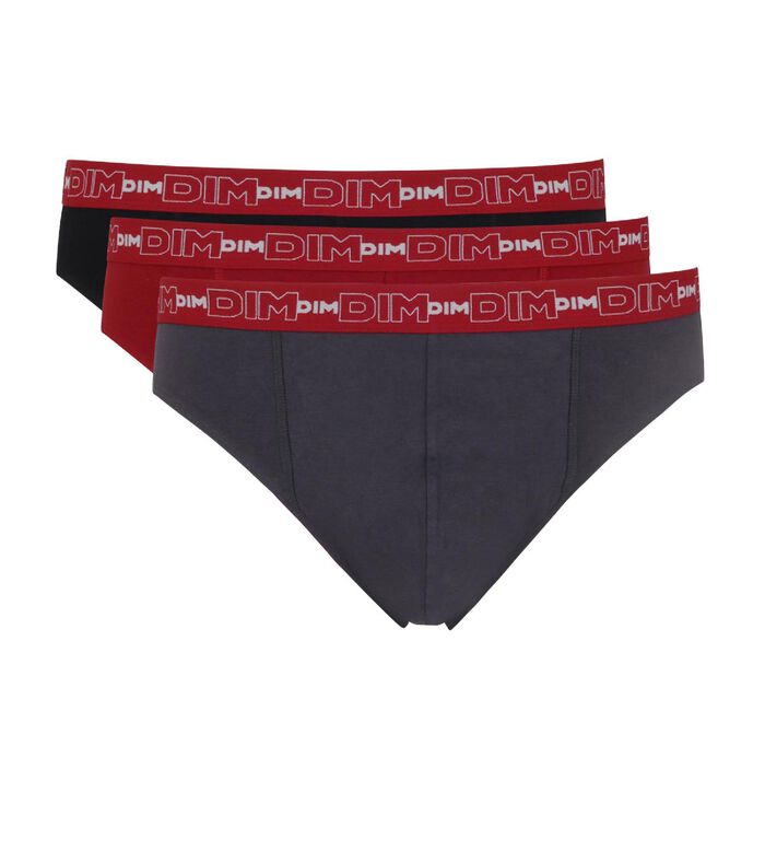 Pack de 3 slips gris, rojo chile y negro Coton Stretch, , DIM