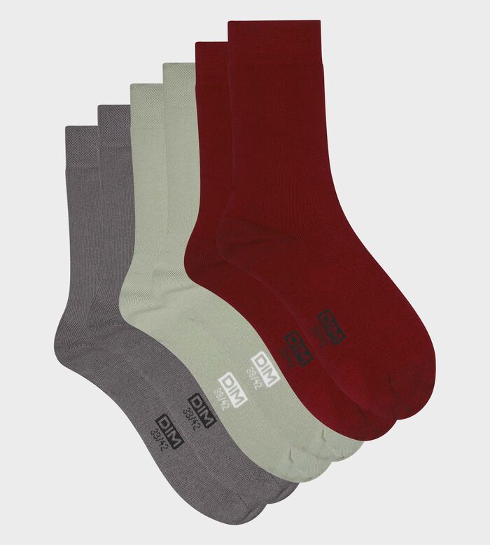Pack de 3 pares de calcetines de hombre de algodón en Gris Rojo y Menta Dim Coton, , DIM