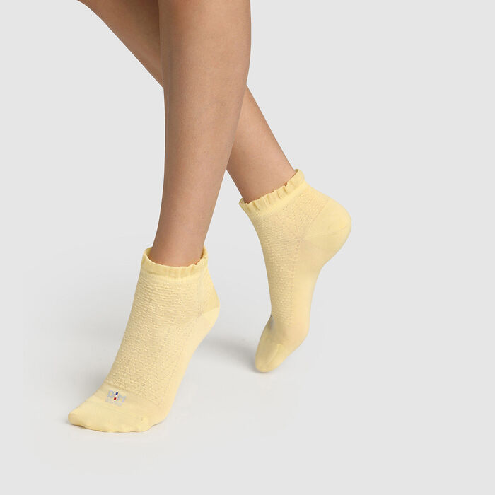 Calcetines para mujer de hilo de Escocia con un borde de volante amarillo Dim Made in France, , DIM