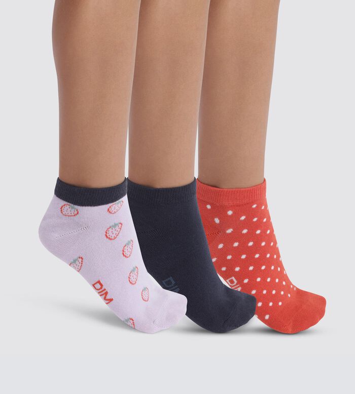 Pack de 3 pares de calcetines infantiles bajos con estampado de fresas Coton Style, , DIM