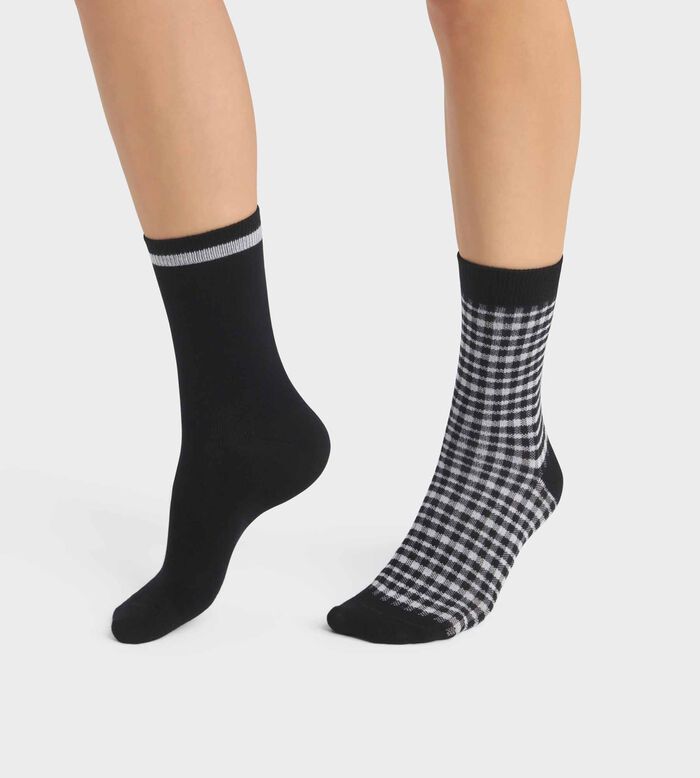 Pack de 2 pares de calcetines de mujer con estampado vichy Negro Dim Coton Style, , DIM