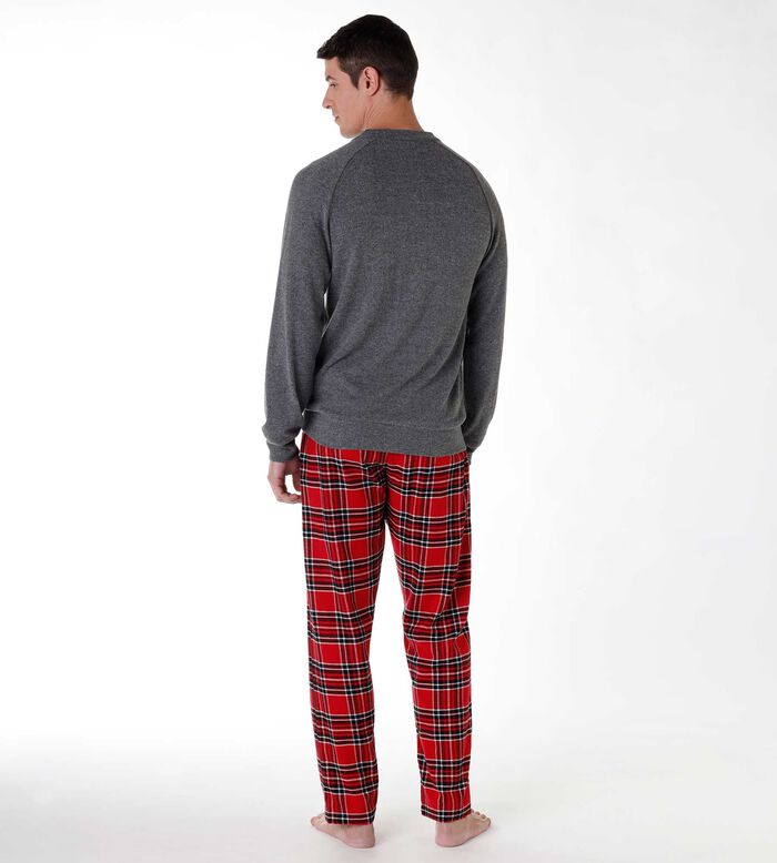 Pijama largo de hombre de algodón interlock y franela, gris y rojo, , DIM