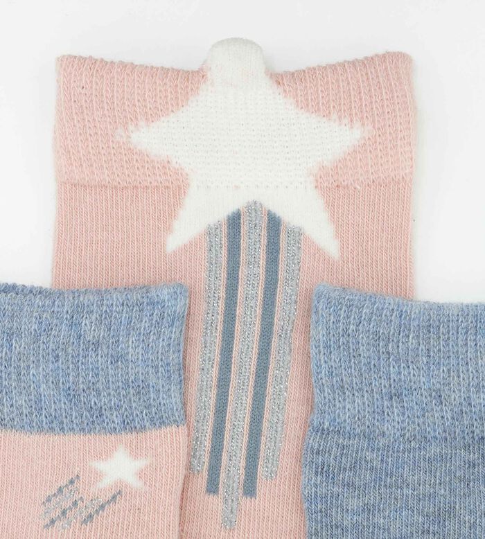 Pack de 3 pares de calcetines altos infantiles con estrellas Rosa y Denim Coton Style, , DIM