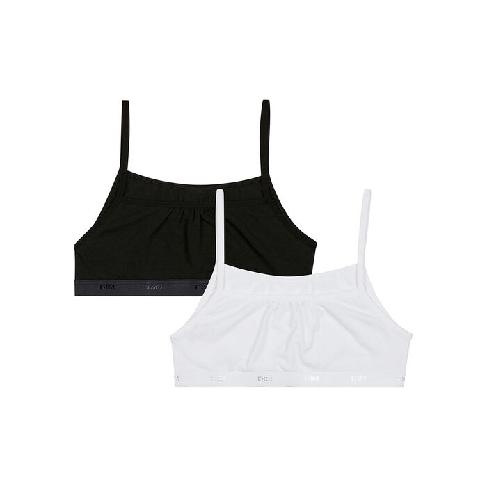 Pack de 2 sujetadores de niña en algodón elástico Negro Blanco Les Pockets Ecodim, , DIM