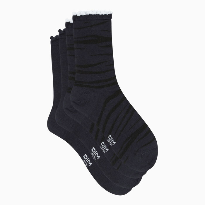 Pack de 2 pares de calcetines para mujer negros con estampado de cebra Dim Bambú, , DIM