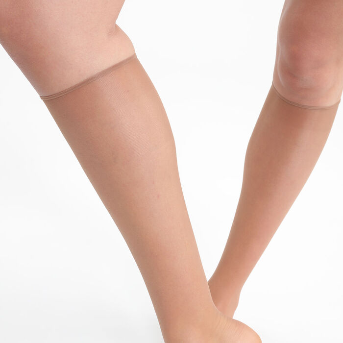 Juego de 2 pares de calcetines hasta la rodilla para mujer color Bronceado Dim Sublim Gasa Transparente, , DIM