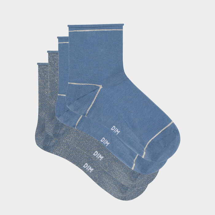 Pack de 2 pares de calcetines bajos para mujer de lurex dorado azul Coton Style, , DIM