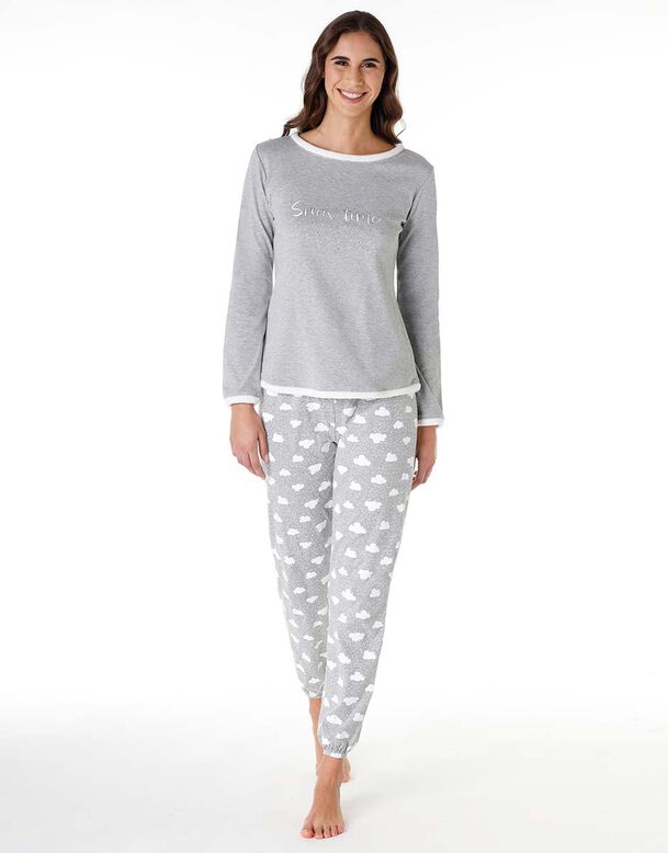 Pijama largo de mujer de algodón interlock, gris melange con estampado, , DIM