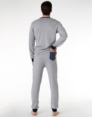 Pijama largo para hombre de algodón interlock, azul marino y estampado, , DIM