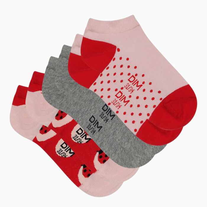 Pack de 3 pares de calcetines para niña rojos con estampado de mariquitas Coton Style, , DIM