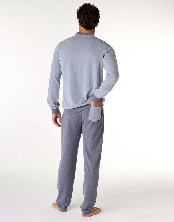 Pijama largo de hombre en tejido cálido, azul melange, , DIM