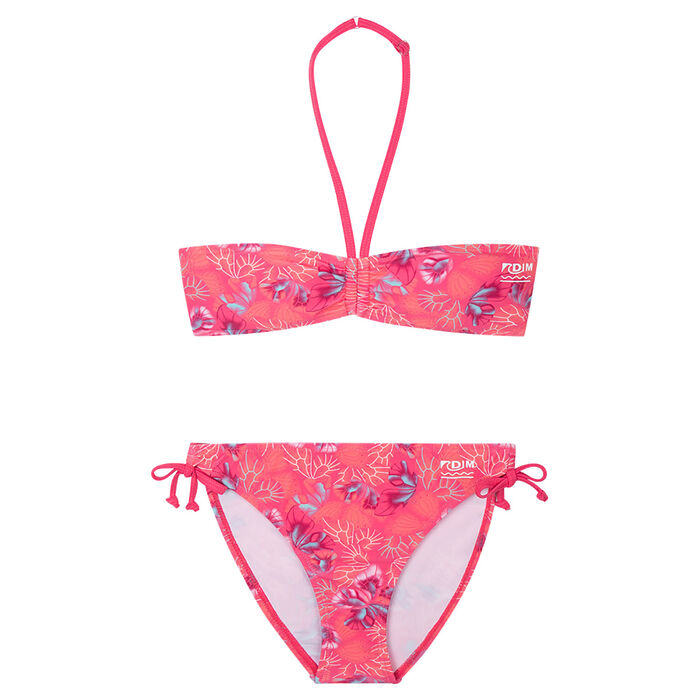 Bikini para niña tipo bandeau rosa pasión, , DIM