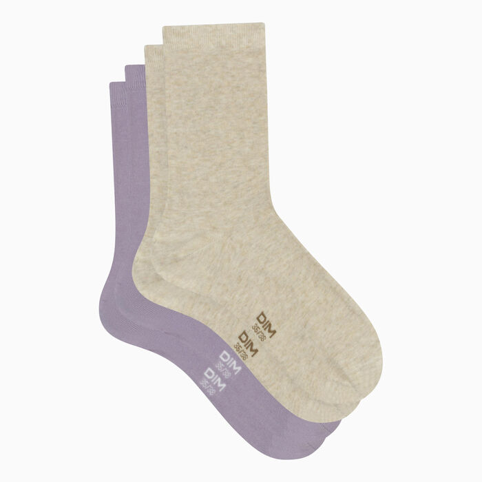 Pack de 2 pares de calcetines para mujer beige y lavanda Basic Coton, , DIM