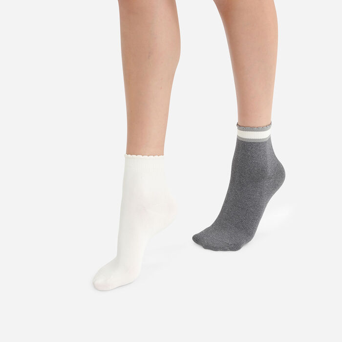 Pack de 2 pares de calcetines tobilleros de microfibra con borde a rayas Marfil Dim Skin, , DIM