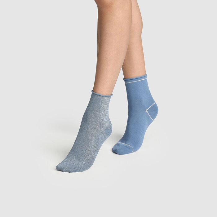 Pack de 2 pares de calcetines bajos para mujer de lurex dorado azul Coton Style, , DIM