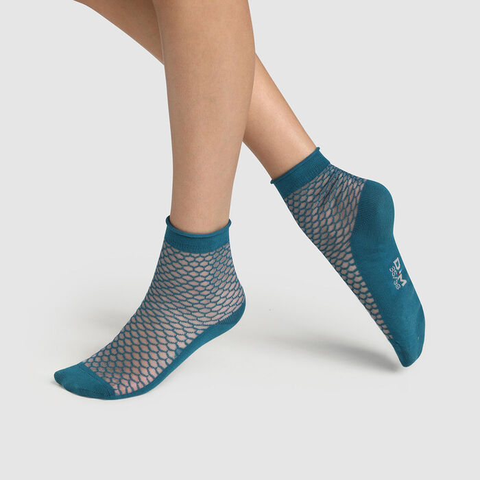 Calcetines bajos para mujer de algodón estampado escamas transparentes azul Made in France, , DIM