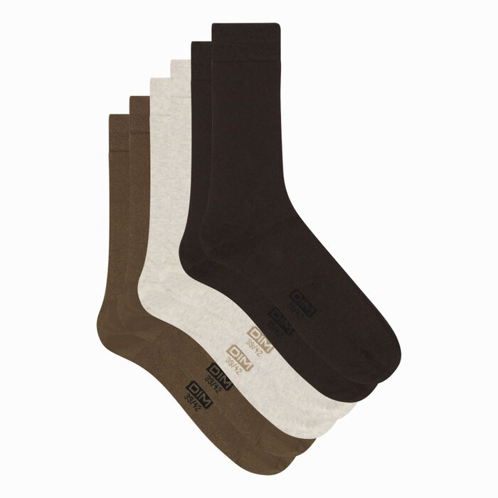 Pack de 3 pares de calcetines para hombre caqui y marrón Dim Basic Coton, , DIM