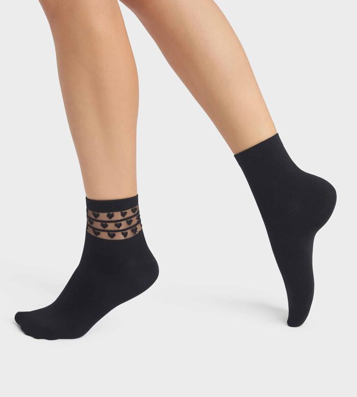 Pack de 2 pares de calcetines de mujer de microfibra negros con corazones Dim Skin, , DIM