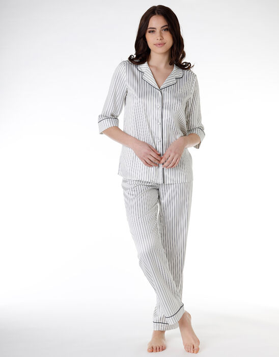 Pijama camisón con mangas de tres cuartos en satén y rayas blancas y negras, , DIM