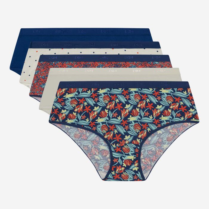 Pack de 5 braguitas tipo short de algodón multicolor con motivos florales Les Pockets, , DIM