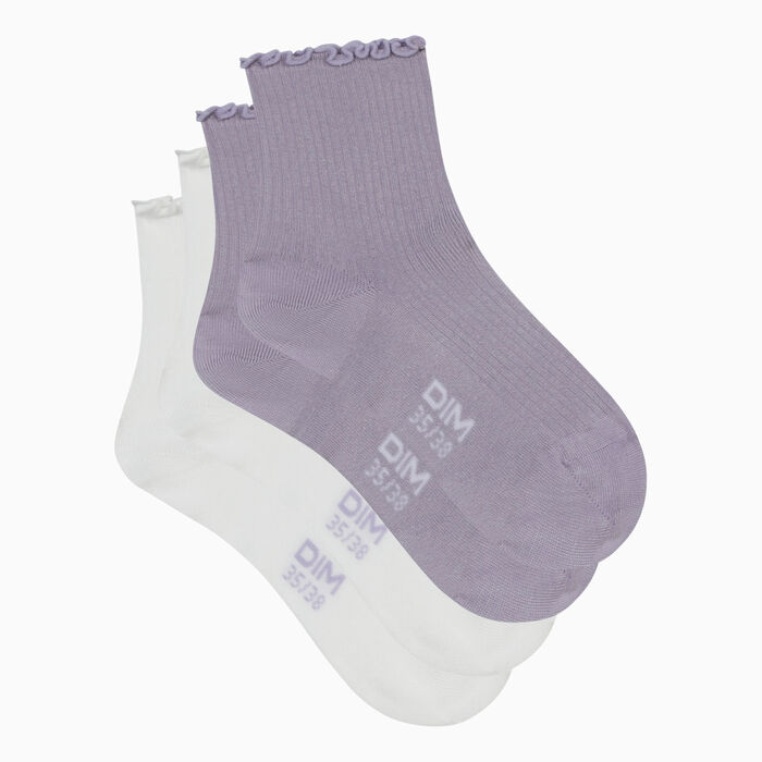 Pack de 2 pares de calcetines para mujer con volantes blanco y lavanda Dim Modal, , DIM