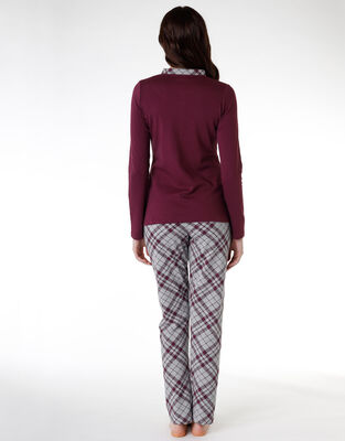 Pijama de mujer largo abierto de algodón interlock de color burdeos, , DIM