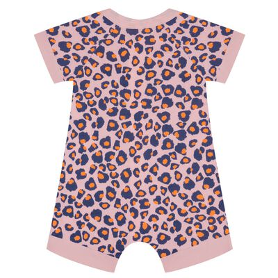Pijama de manga corta con cremallera de algodón elástico rosa estampado leopardo, , DIM