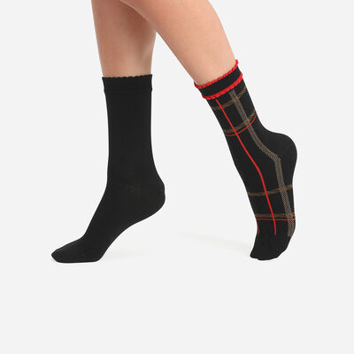 Pack de 2 pares de calcetines de mujer con estampado tartán Rojo y Negro Coton Style, , DIM