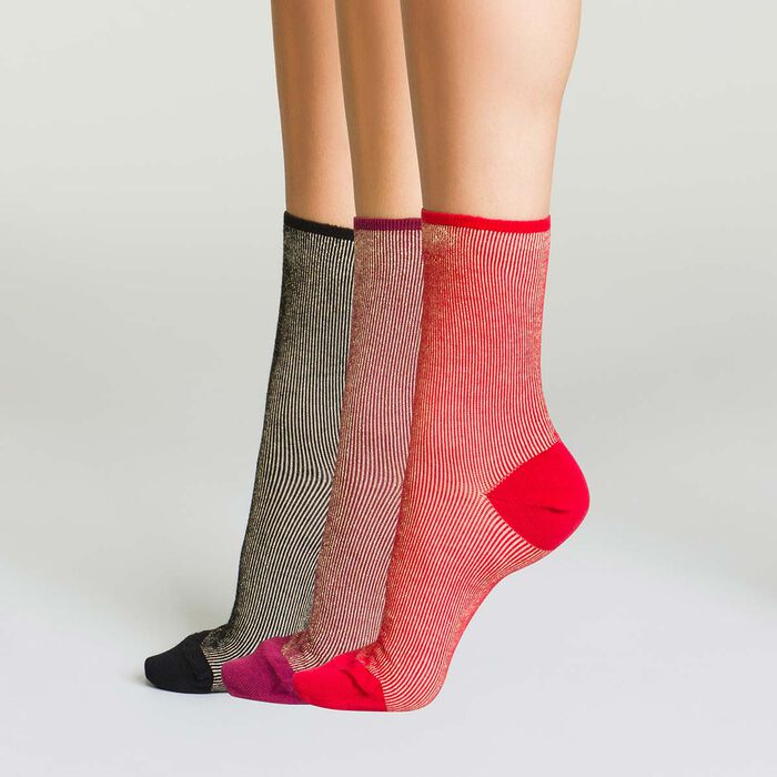 Pack de 3 pares de calcetines de algodón de rayas con efecto lurex, , DIM